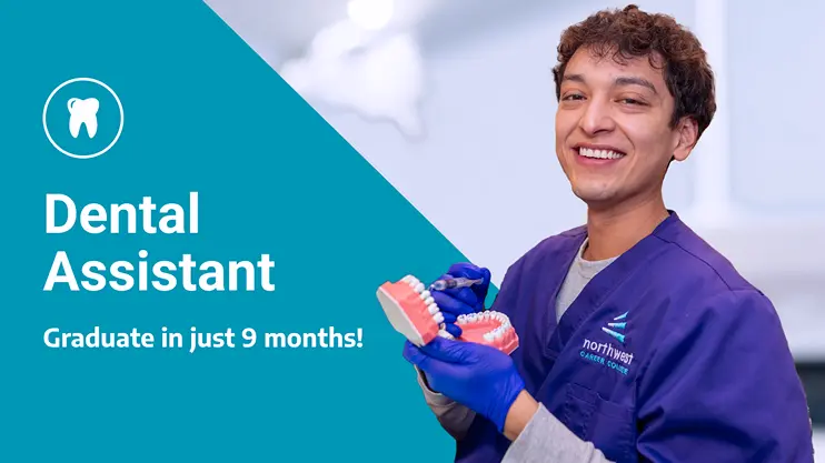Smiling student in scrubs holds dental models, promoting the dental assistant program overview with a 9-month graduation.