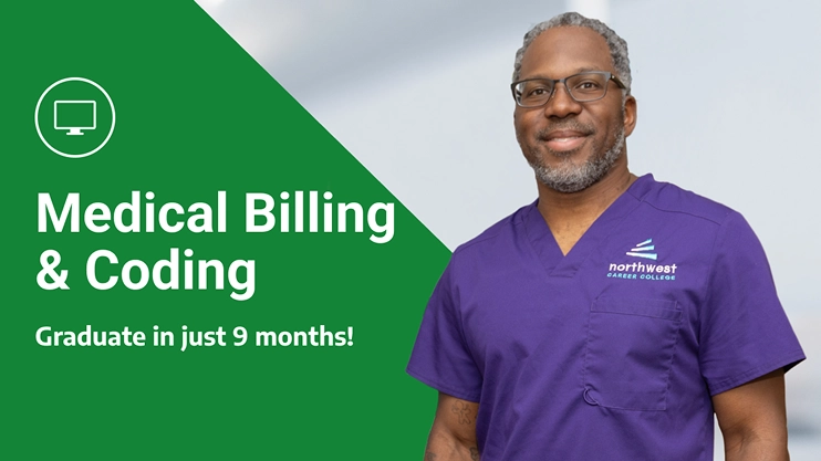A smiling instructor in scrubs promotes a medical billing coding school in Las Vegas, highlighting a 9-month graduation.