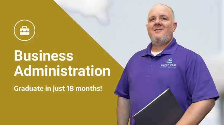 Man in a purple shirt holds a folder, promoting the BA Program Overview in Las Vegas, with a graduation timeline of 18.