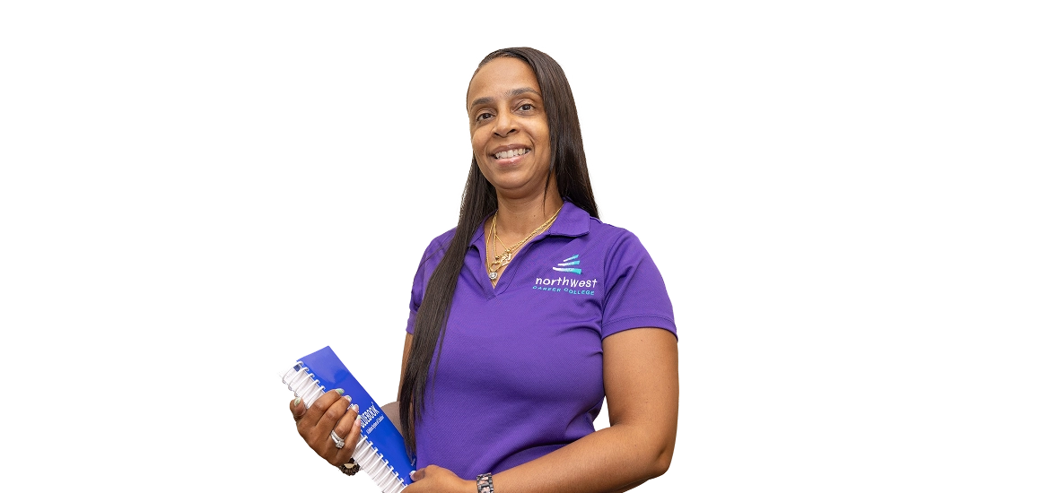 A smiling woman in a purple shirt holds a notebook, promoting the paralegal studies associate degree program in Las Vegas.