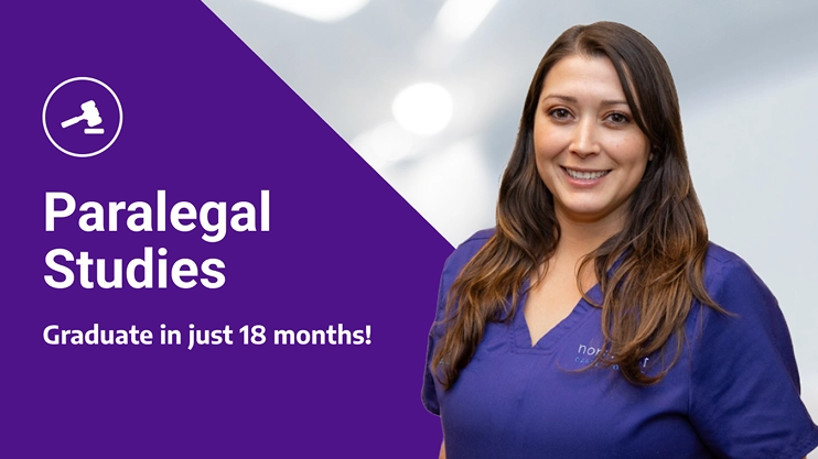 Image of a smiling woman promoting a paralegal studies program overview, highlighting graduation in just 18 months.