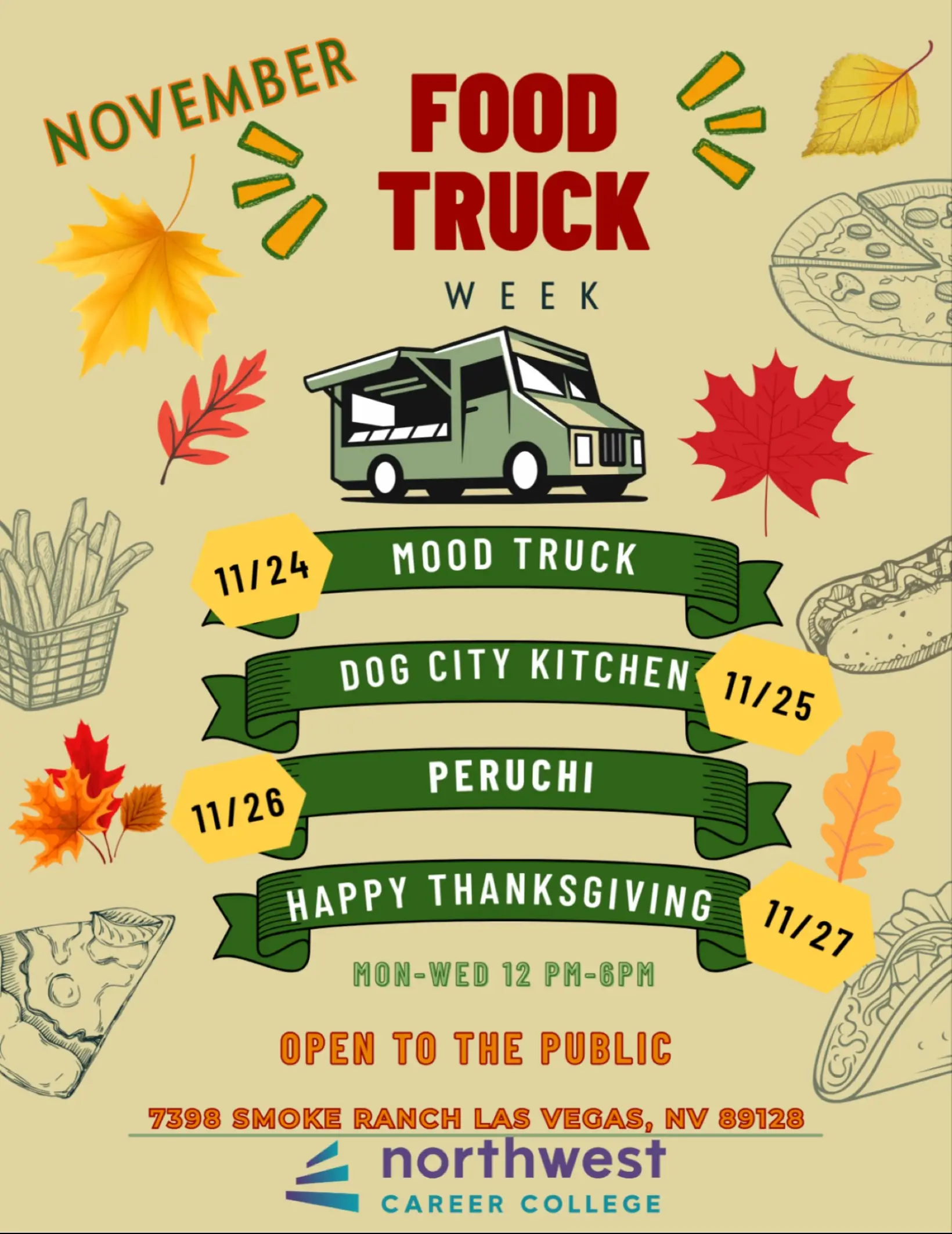 November Food Truck Week schedule at Northwest Career College, featuring various food trucks from 11/24 to 11/27.
