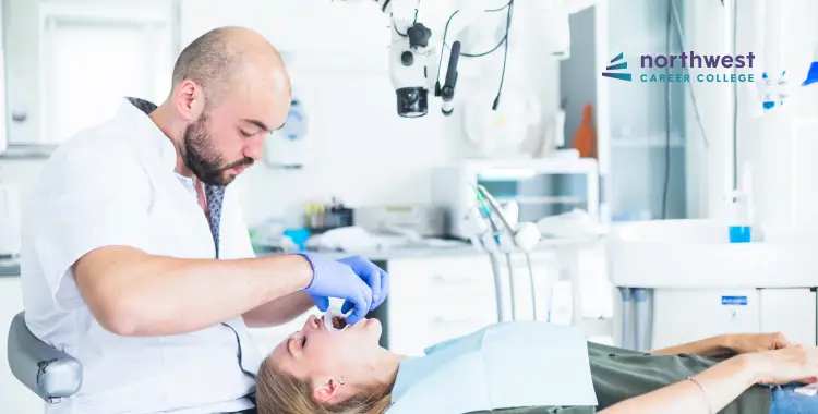 A dentist examines a patient in a modern dental clinic.