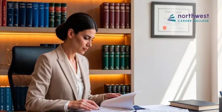 A woman in a suit reviews documents at a desk with bookshelves and a diploma in a well-lit office.