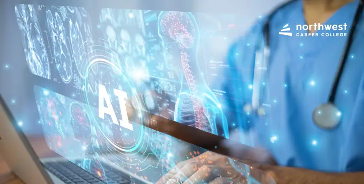 A healthcare professional interacts with a laptop displaying AI and medical imaging data.