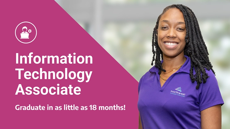 Smiling student in a purple shirt promotes the IT Degree Program, highlighting graduation in as little as 18 months.