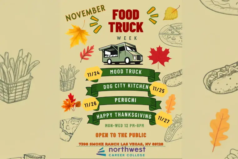 November Food Truck Week schedule at Northwest Career College, featuring various food trucks from 11/24 to 11/27.