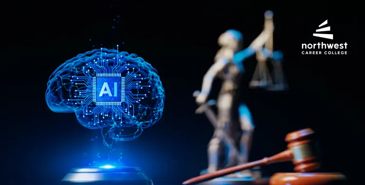 A digital brain with AI circuitry next to a statue of justice and a gavel, representing law and technology.