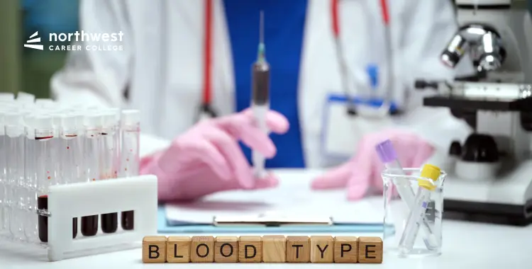 A lab technician prepares a syringe next to blood samples and a microscope, with BLOOD TYPE spelled out in blocks.