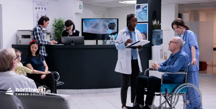 A healthcare setting with staff interacting with patients in a waiting area and at the reception desk.