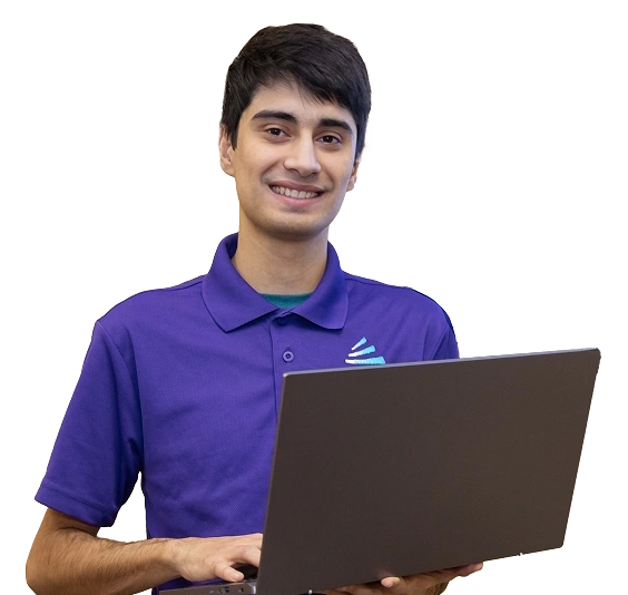 Smiling student with a laptop, representing the IT Technician School in Las Vegas.