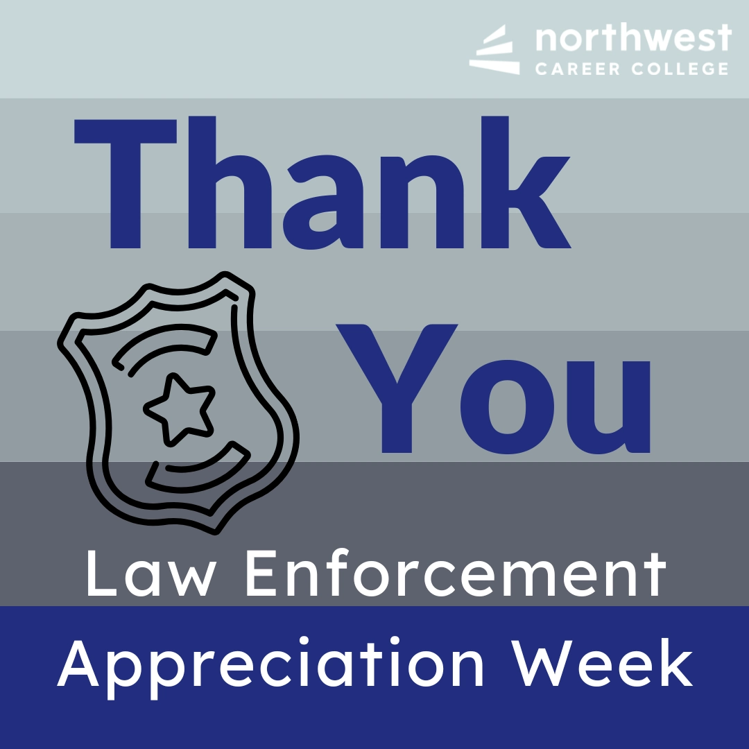 Graphic thanking law enforcement for Appreciation Week, featuring a badge icon and text in blue and gray colors.