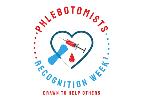 Logo for Phlebotomists Recognition Week featuring a heart, syringe, and bandage, with the tagline Drawn to Help Others.