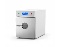 A modern autoclave with a digital display and a circular door, designed for sterilization in laboratories.
