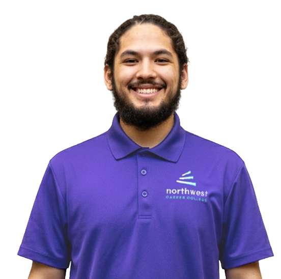 Smiling man in a purple polo from Northwest Career College, representing a future criminal justice professional.