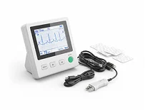 A medical device with a display screen, cables, and electrode pads for monitoring heart activity.