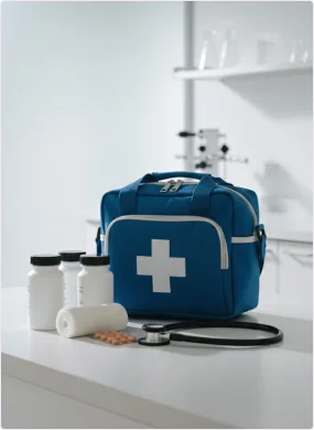 A blue First Aid Kit sits on a table, surrounded by bottles of medication and a stethoscope.
