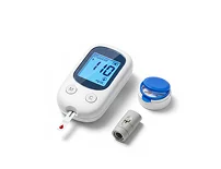A blood glucose meter displaying a reading of 110, with a test strip and a vial of test strips beside it.