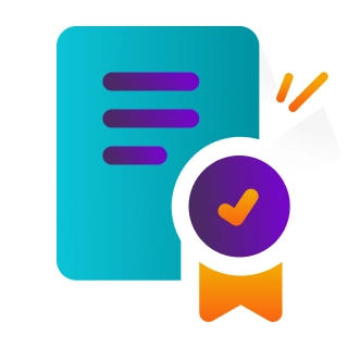 Graphic of a document with lines and a badge featuring a checkmark and ribbon, symbolizing certification or approval.