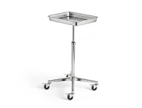 A stainless steel mayo stand on wheels, featuring a flat tray and adjustable height for medical use.