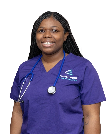 Smiling student in purple scrubs with a stethoscope, representing a Medical Assistant Program Student at Northwest Career.