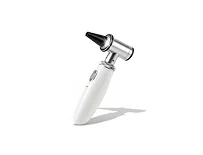 A sleek, modern otoscope with a black tip, designed for ear examinations, resting on a white background.