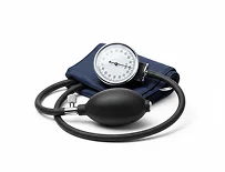A sphygmomanometer with a black bulb and navy cuff for measuring blood pressure.