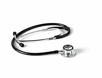 A black and silver stethoscope resting on a white surface, ready for medical use.