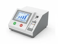A urine analyzer with a digital display and testing slot, designed for quick and accurate urine analysis.