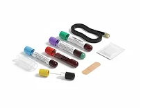A collection of vacutainer systems, including blood collection tubes, a tourniquet, and a bandage.