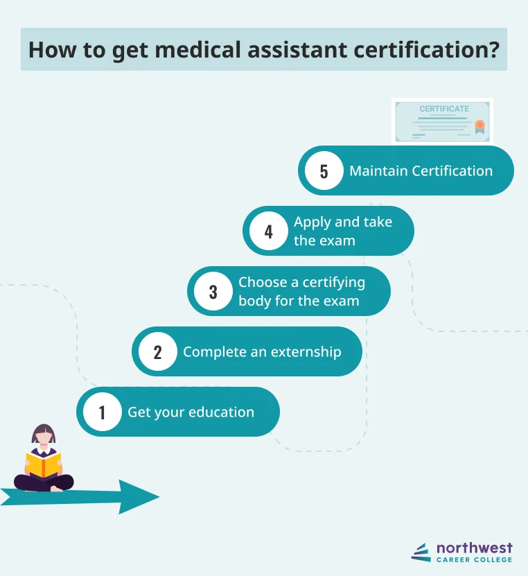 Steps to obtain medical assistant certification: education, externship, certifying body, exam, and maintenance.