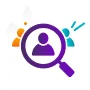 A magnifying glass focused on a purple profile silhouette, representing career placement and recruitment assistance.
