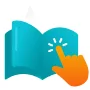 An icon of an open book with an orange hand pointing to a page, representing interactive learning and hands-on training.