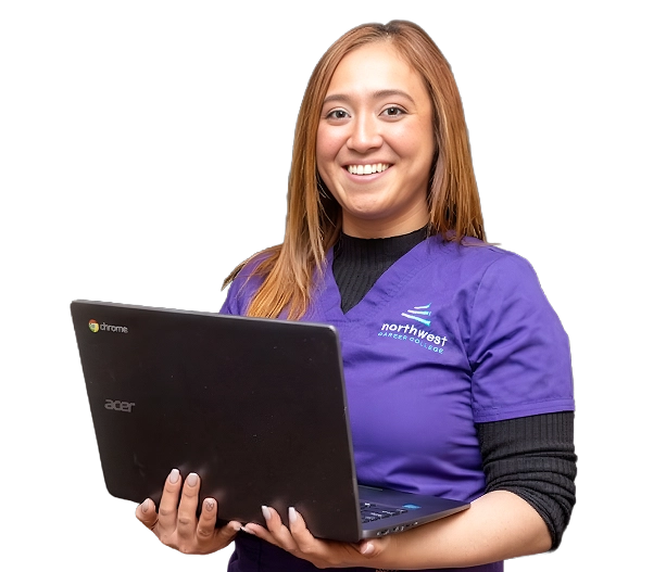 Female student smiling while using a laptop for online vocational training
