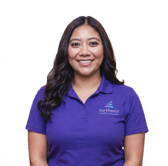 Portrait of a smiling female student wearing a purple Northwest Career College polo shirt, ideal for highlighting the healthcare administration online degree program.