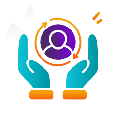 Two hands holding a circular icon with a user silhouette, symbolizing support and protection.