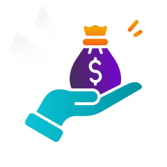 A stylized hand holding a purple money bag with a dollar sign and a crown on top, surrounded by dynamic shapes.