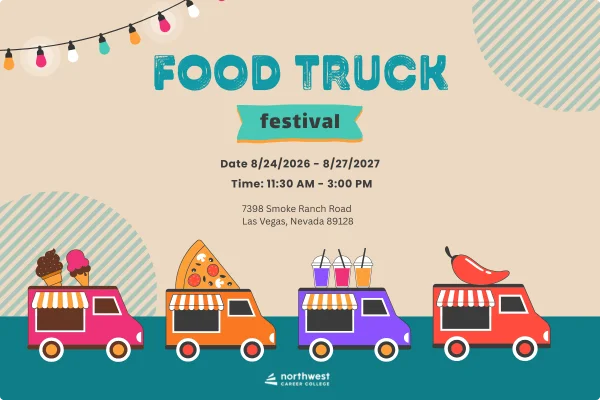 Colorful graphic for a Food Truck Festival in Las Vegas, featuring event details and illustrations of food trucks.