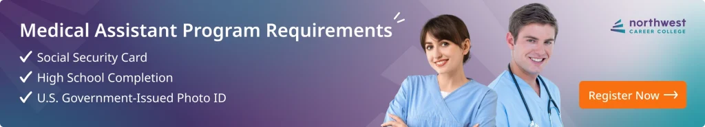 Graphic promoting Medical Assistant Program requirements: Social Security Card, High School Diploma, Government ID.