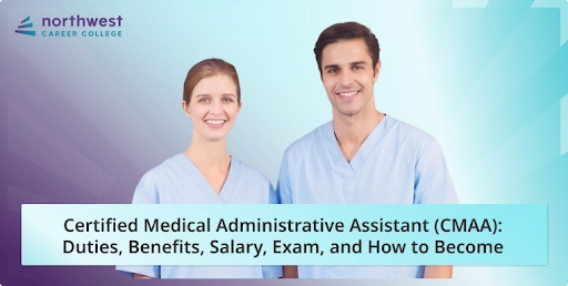 Two smiling medical professionals in scrubs, with text about becoming a Certified Medical Administrative Assistant.