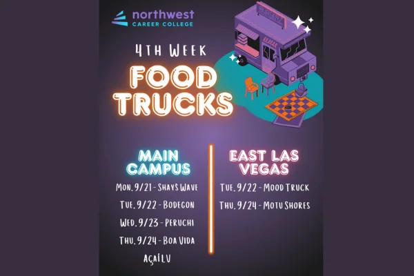 Food truck schedule for Northwest Career Colleges 4th week: Main Campus and East Las Vegas locations with specific dates.
