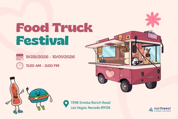 Colorful graphic promoting a Food Truck Festival in Las Vegas, featuring dates, location, and event details.