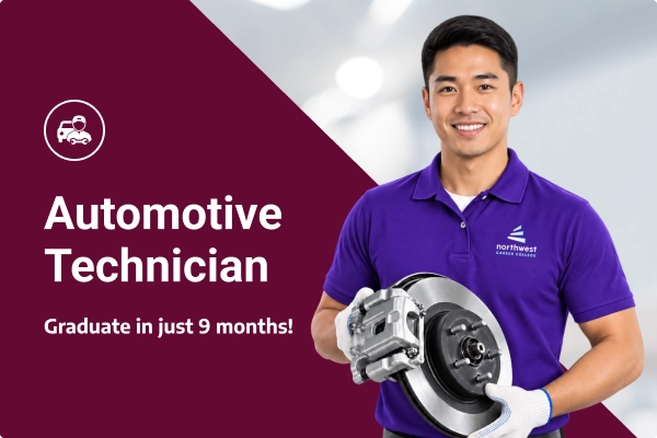 Smiling automotive technician holding a brake component, promoting a 9-month training program.