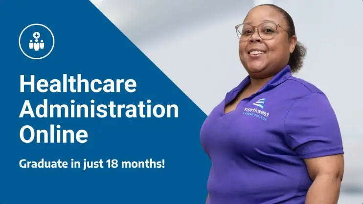 Smiling woman in a purple shirt promotes an online Healthcare Administration program with an 18-month graduation timeline.